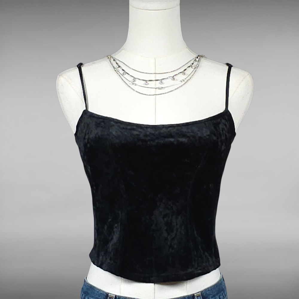 Vintage 90s Victoria's Secret Cami Small Black Crushed Velvet Spaghetti Strap